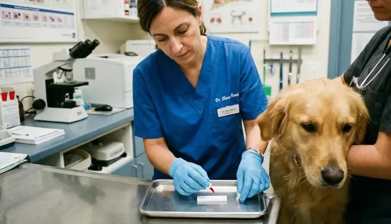 Veterinario realizando un test rápido de sangre en una clínica