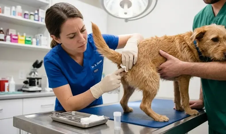 Veterinario con guantes de látex realizando un examen de glándulas anales a un perro en consulta