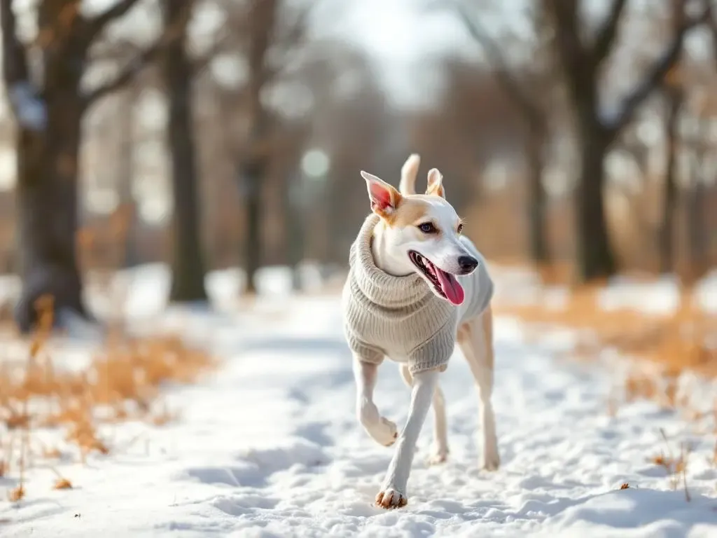 Whippet con buzo polar disfrutando del paseo en invierno: un abrigo adecuado transforma la experiencia de los perros frioleros